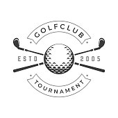 Golf club tournament vector logo crossed black golfing brassy symbol of sports competition