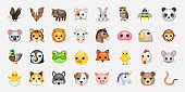 Set of animal faces, face emojis, stickers, emoticons