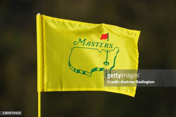 Pin flag is displayed during a practice round prior to the Masters at Augusta National Golf Club on April 04, 2022 in Augusta, Georgia.