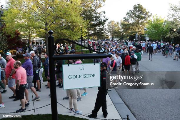 Patrons queue for the golf shop during a practice round prior to the Masters at Augusta National Golf Club on April 04, 2022 in Augusta, Georgia.