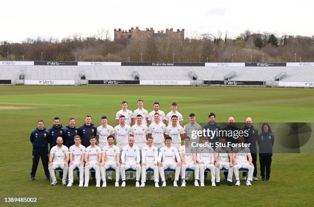 The Durham First Team Squad pictured in their County kit ahead of the 2022 Cricket season at The Riverside on April 04, 2022 in Chester-le-Street,...