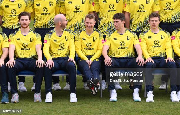 Durham captain Scott Borthwick shares a joke with team mates as they await the T20 Blast Squad picture during the photocall ahead of the 2022 Cricket...