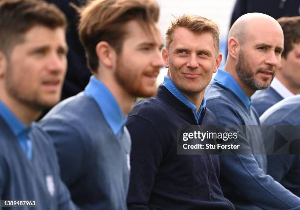 Durham captain Scott Borthwick smiles flanked by Michael Jones and Chris Rushworth during the photocall ahead of the 2022 Cricket season at The...