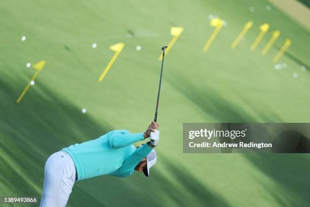 Dustin Johnson of the United States warms up on the range during a practice round prior to the Masters at Augusta National Golf Club on April 04,...