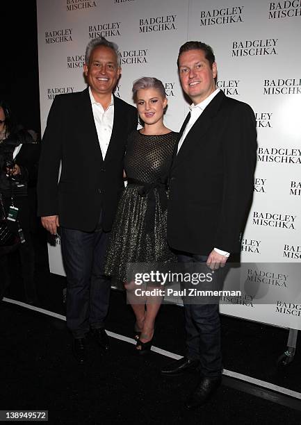 Designer James Mischka, Kelly Osbourne and Designer Mark Badgley backstage at the Badgley Mischka Fall 2012 fashion show during Mercedes-Benz Fashion...