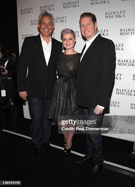 Designer James Mischka, Kelly Osbourne and Designer Mark Badgley backstage at the Badgley Mischka Fall 2012 fashion show during Mercedes-Benz Fashion...