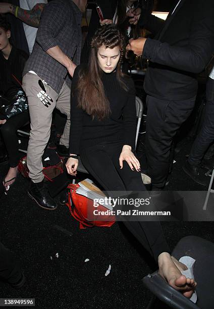 Model backstage at the Badgley Mischka Fall 2012 fashion show during Mercedes-Benz Fashion Week at the The Theatre at Lincoln Center on February 14,...