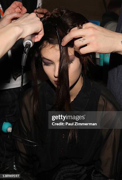 Model backstage at the Badgley Mischka Fall 2012 fashion show during Mercedes-Benz Fashion Week at the The Theatre at Lincoln Center on February 14,...