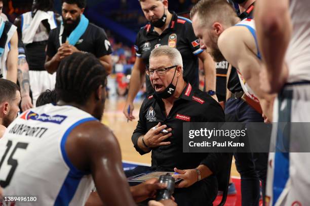 Dan Vickerman, head coach of Melbourne United addresses his players at a time-out during the round 18 NBL match between Perth Wildcats and Melbourne...