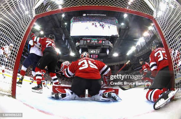 Andrew Hammond of the New Jersey Devils skates against the Florida Panthers at the Prudential Center on April 02, 2022 in Newark, New Jersey.