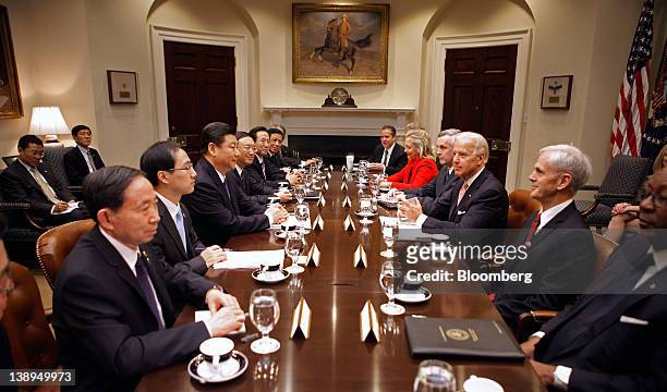 Vice President Joe Biden, third from right, and Xi Jinping, vice president of China, third from left, hold an expanded bilateral meeting in the...