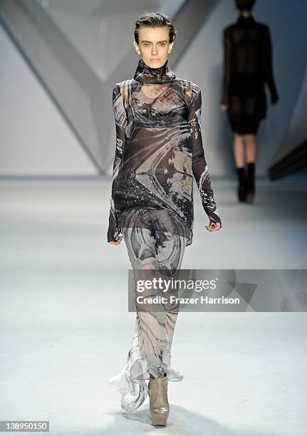 Model walks the runway at the Vera Wang Fall 2012 fashion show during Mercedes-Benz Fashion Week at The Stage at Lincoln Center on February 14, 2012...