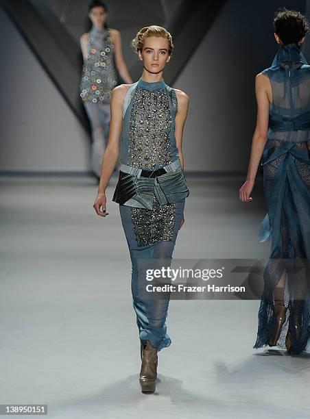 Model walks the runway at the Vera Wang Fall 2012 fashion show during Mercedes-Benz Fashion Week at The Stage at Lincoln Center on February 14, 2012...