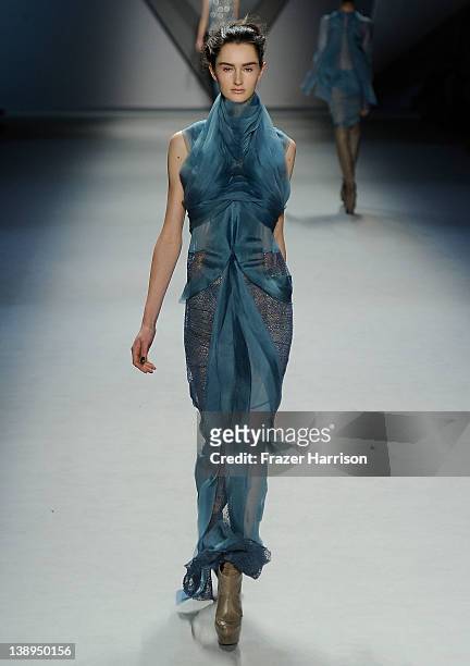 Model walks the runway at the Vera Wang Fall 2012 fashion show during Mercedes-Benz Fashion Week at The Stage at Lincoln Center on February 14, 2012...
