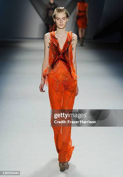 Model walks the runway at the Vera Wang Fall 2012 fashion show during Mercedes-Benz Fashion Week at The Stage at Lincoln Center on February 14, 2012...