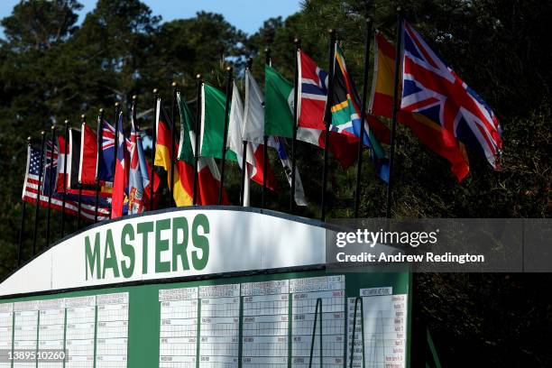 General view of the leaderboard next to the first fairway during a practice round prior to the Masters at Augusta National Golf Club on April 04,...
