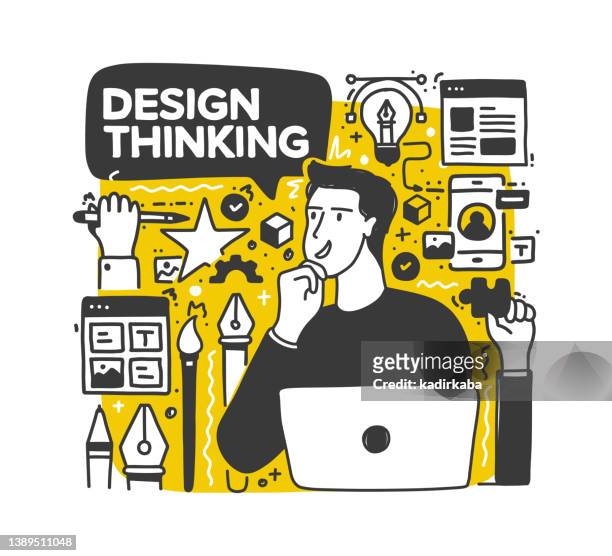 design-thinking-konzept. ein junger mann mit design-thinking-ikonen. handgezeichnetes doodle-design. - webdesigner stock-grafiken, -clipart, -cartoons und -symbole