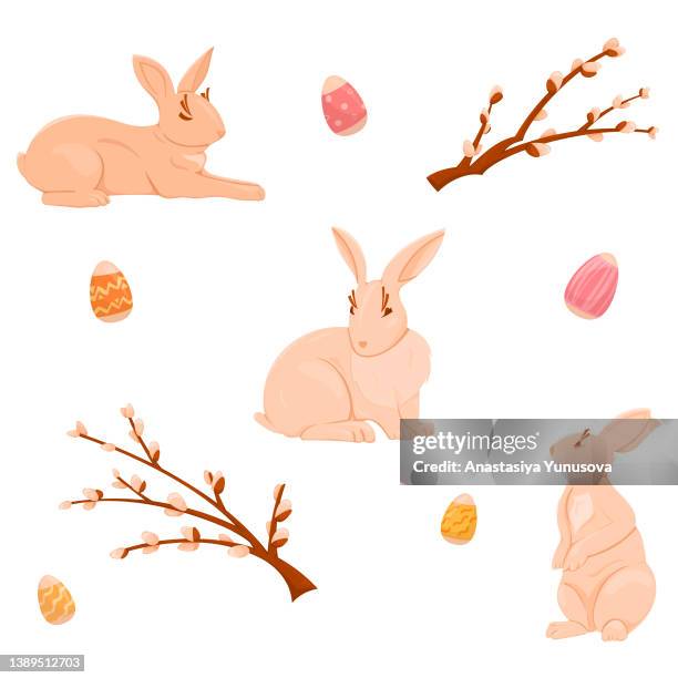 bildbanksillustrationer, clip art samt tecknat material och ikoner med set of easter elements to form pattern with bunny, eggs and branches of pussy willow. hand drawn cartoon elements. vector illustration - sälg