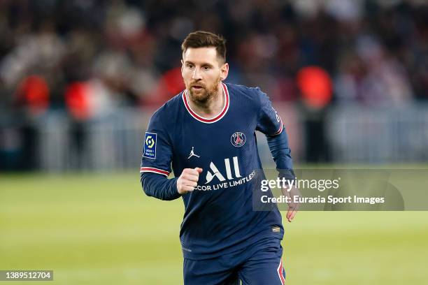 Lionel Messi in action during the Ligue 1 Uber Eats match between Paris Saint Germain and FC Lorient at Parc des Princes on April 3, 2022 in Paris,...