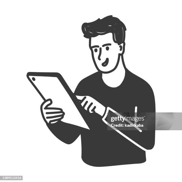 bildbanksillustrationer, clip art samt tecknat material och ikoner med a young man using tablet. hand drawn doodle design. - peta