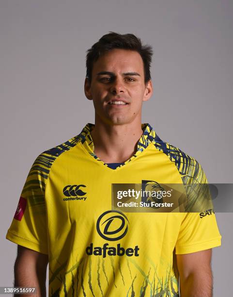 Durham player David Bedingham pictured in T20 Blast kit during the photocall ahead of the 2022 Cricket season at The Riverside on April 04, 2022 in...