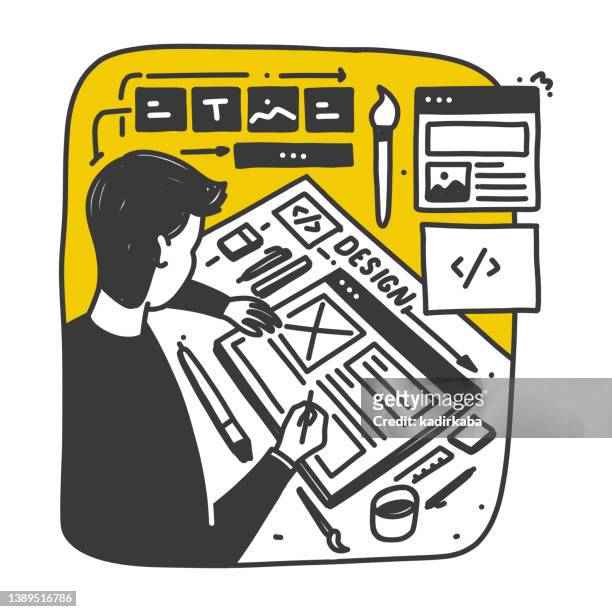 web design and development concept. man using with web design icons. hand drawn doodle design. - web designer 幅插畫檔、美工圖案、卡通及圖標