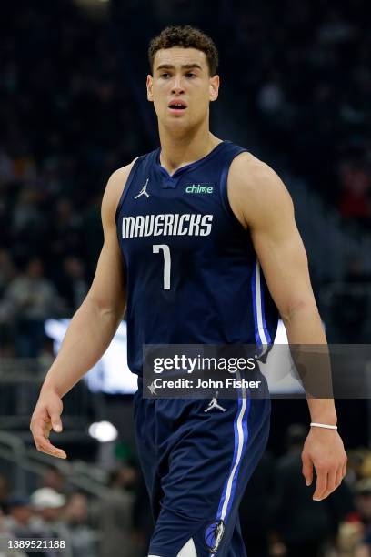 Dwight Powell of the Dallas Mavericks walks down court during the first half of the game against the Milwaukee Bucks at Fiserv Forum on April 03,...