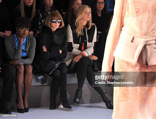 Actress Viola Davis, Editor-in-Chief Anna Wintour and professional tennis player Maria Sharapova attend the Vera Wang Fall 2012 fashion show during...