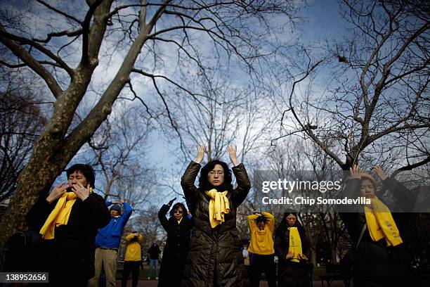 Demonstrators gather to protest the visit of Chinese Vice President Xi Jinping across the street from the White House February 14, 2012 in...