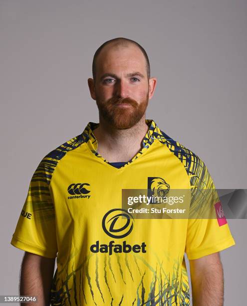 Durham player Ben Raine pictured in T20 Blast kit during the photocall ahead of the 2022 Cricket season at The Riverside on April 04, 2022 in...