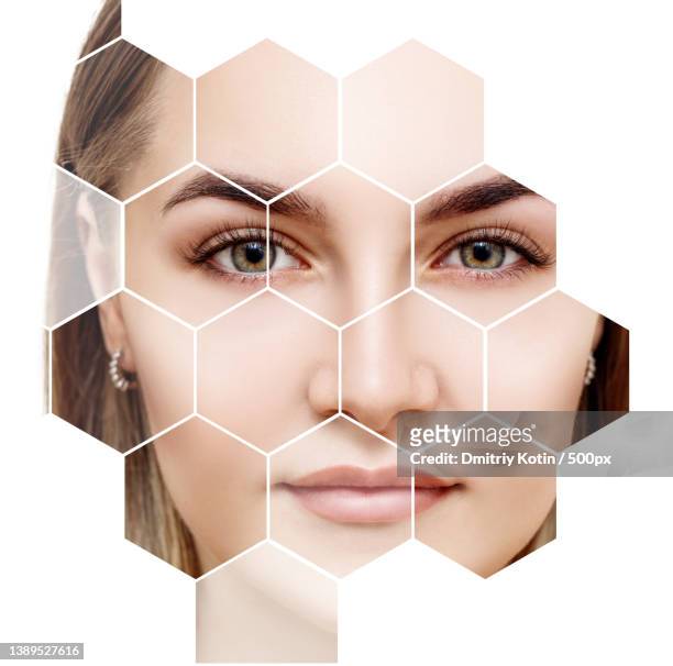 beautiful female face in digital honeycombs against white background - people mosaic human face stock pictures, royalty-free photos & images