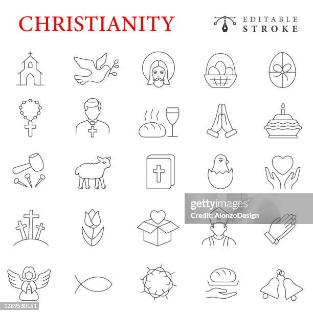 ilustraciones, imágenes clip art, dibujos animados e iconos de stock de conjunto de iconos de línea de cristianismo. - communion