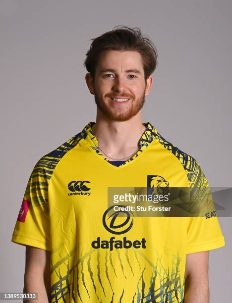 Durham player Michael Jones pictured in T20 Blast kit during the photocall ahead of the 2022 Cricket season at The Riverside on April 04, 2022 in...