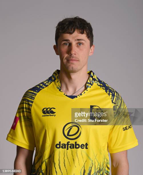 Durham player Paul Coughlin pictured in T20 Blast kit during the photocall ahead of the 2022 Cricket season at The Riverside on April 04, 2022 in...