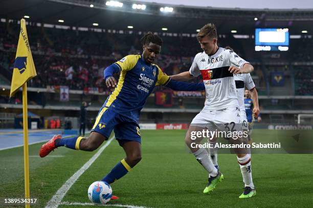 Adrien Tameze of Hellas Verona competes for the ball with Morten Frendrup of Genoa CFC during the Serie A match between Hellas and Genoa CFC at...