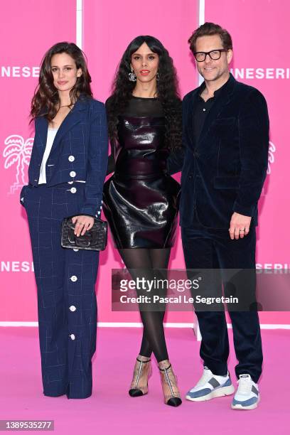 Lucie Lucas, Tamara Marthe and Jamie Bamber attend the pink carpet during the 5th Canneseries Festival - Day Four on April 04, 2022 in Cannes, France.