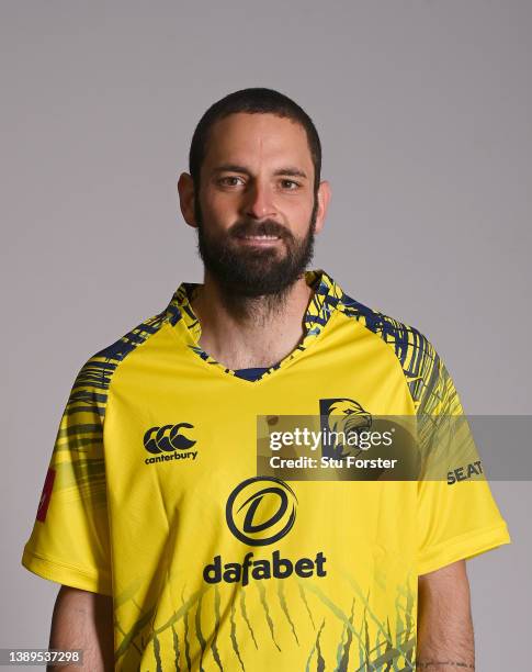 Durham player Ned Eckersley pictured in T20 Blast kit during the photocall ahead of the 2022 Cricket season at The Riverside on April 04, 2022 in...