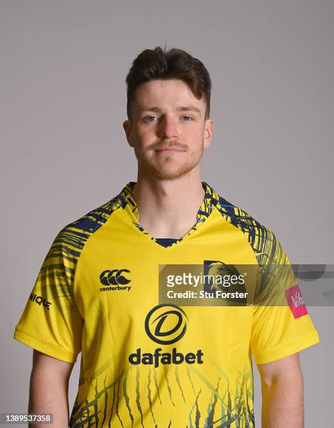 Durham player Liam Trevaskis pictured in T20 Blast kit during the photocall ahead of the 2022 Cricket season at The Riverside on April 04, 2022 in...