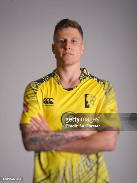 Durham player Brydon Carse pictured in T20 Blast kit during the photocall ahead of the 2022 Cricket season at The Riverside on April 04, 2022 in...