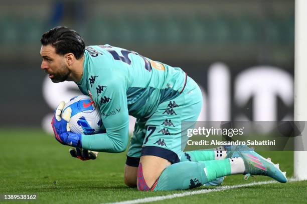 Salvatore Sirigu of Genoa CFC save the ball during the Serie A match between Hellas and Genoa CFC at Stadio Marcantonio Bentegodi on April 04, 2022...