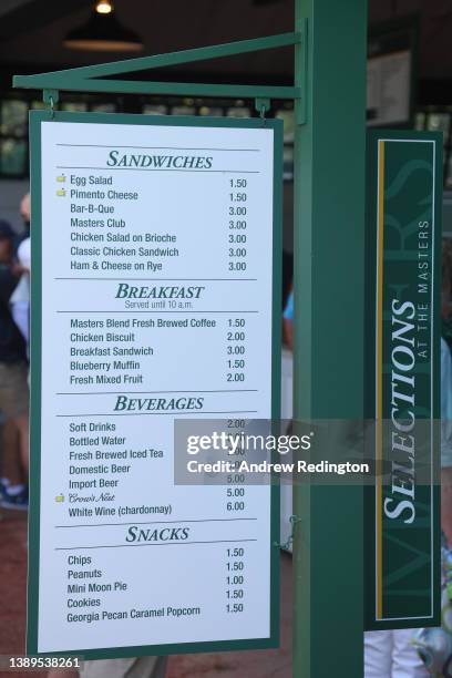 Concessions menus are displayed during a practice round prior to the Masters at Augusta National Golf Club on April 04, 2022 in Augusta, Georgia.