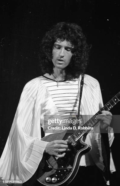 Guitarist Brian May of Queen performs at the Uris Theater in New York, May 1974. In their first New York concert engagement, the group played as...