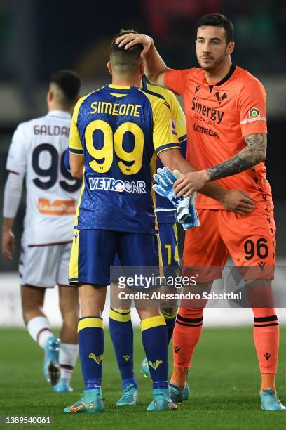 Giovanni Simeone of Hellas Verona celebrates the victory with Lorenzo Montipò of Hellas Verona during the Serie A match between Hellas and Genoa CFC...