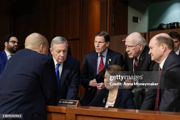 Sen. Cory Booker , committee chairman Sen. Dick Durbin , Sen. Richard Blumenthal , Sen. Amy Klobuchar , Sen. Patrick Leahy and Sen. Chris Coons speak...