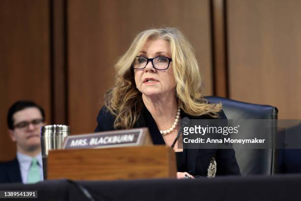 Sen. Marsha Blackburn speaks during a Senate Judiciary Committee business meeting to vote on Supreme Court nominee Judge Ketanji Brown Jackson on...
