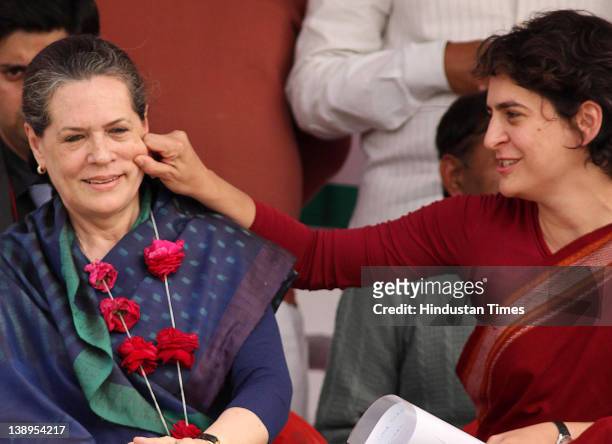 Priyanka Gandhi Vadra with her mother Sonia Gandhi attend a political rally together on February 14, 2012 in Rae Bareli, India. Sharing the dais for...