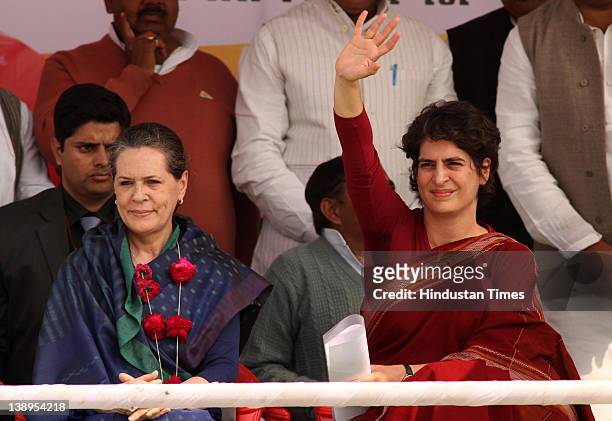 Priyanka Gandhi Vadra with her mother Sonia Gandhi attend a political rally together on February 14, 2012 in Rae Bareli, India. Sharing the dais for...
