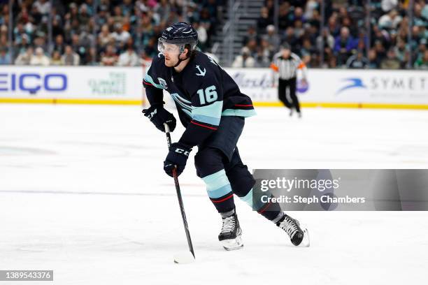 Jared McCann of the Seattle Kraken skates against the Dallas Stars during the second period at Climate Pledge Arena on April 03, 2022 in Seattle,...