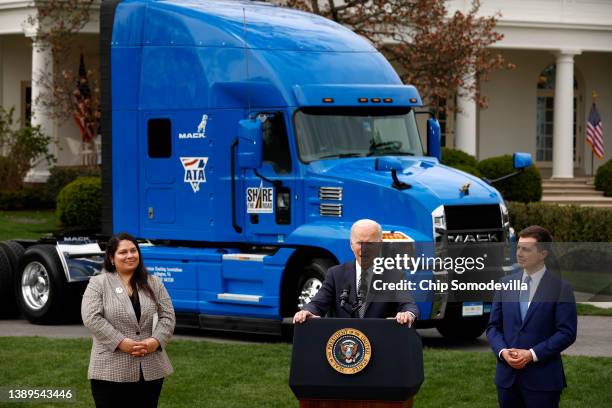 President Joe Biden delivers remarks on his 'Trucking Action Plan' with apprentice truck driver Maria Rodriguez and Transportation Secretary Pete...