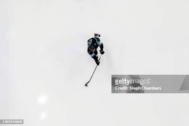 Karson Kuhlman of the Seattle Kraken warms up before the game against the Dallas Stars at Climate Pledge Arena on April 03, 2022 in Seattle,...